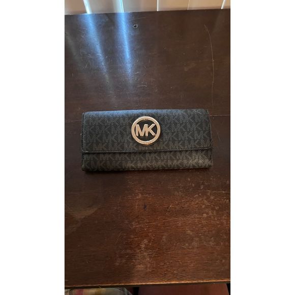 Michael Kors Black and Gray Leather Checkbook Wallet